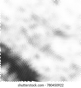 Halftone abstract background. Radial grunge pattern with spots of ink. Monochrome vector texture for print on business cards, labels, posters, stickers