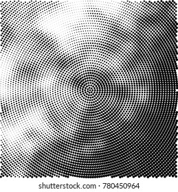 Halftone abstract background. Radial grunge pattern with spots of ink. Monochrome vector texture for print on business cards, labels, posters, stickers