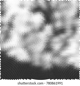 Halftone abstract background. Radial grunge pattern with spots of ink. Monochrome vector texture for print on business cards, labels, posters, stickers