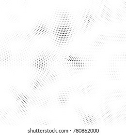 Halftone abstract background. Radial grunge pattern with spots of ink. Monochrome vector texture for print on business cards, labels, posters, stickers