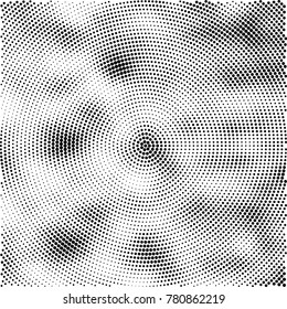 Halftone abstract background. Radial grunge pattern with spots of ink. Monochrome vector texture for print on business cards, labels, posters, stickers