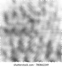 Halftone abstract background. Radial grunge pattern with spots of ink. Monochrome vector texture for print on business cards, labels, posters, stickers