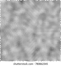 Halftone abstract background. Radial grunge pattern with spots of ink. Monochrome vector texture for print on business cards, labels, posters, stickers