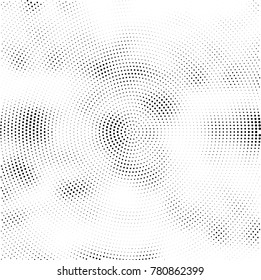 Halftone abstract background. Radial grunge pattern with spots of ink. Monochrome vector texture for print on business cards, labels, posters, stickers