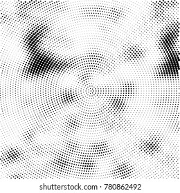 Halftone abstract background. Radial grunge pattern with spots of ink. Monochrome vector texture for print on business cards, labels, posters, stickers
