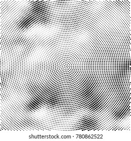 Halftone abstract background. Radial grunge pattern with spots of ink. Monochrome vector texture for print on business cards, labels, posters, stickers