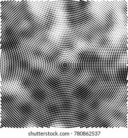 Halftone abstract background. Radial grunge pattern with spots of ink. Monochrome vector texture for print on business cards, labels, posters, stickers