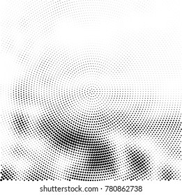 Halftone abstract background. Radial grunge pattern with spots of ink. Monochrome vector texture for print on business cards, labels, posters, stickers