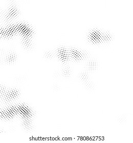 Halftone abstract background. Radial grunge pattern with spots of ink. Monochrome vector texture for print on business cards, labels, posters, stickers