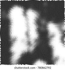 Halftone abstract background. Radial grunge pattern with spots of ink. Monochrome vector texture for print on business cards, labels, posters, stickers