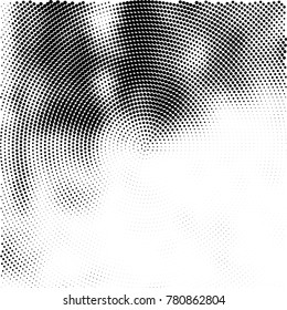 Halftone abstract background. Radial grunge pattern with spots of ink. Monochrome vector texture for print on business cards, labels, posters, stickers