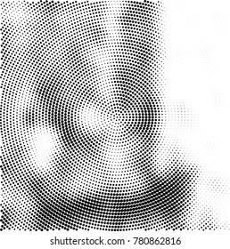 Halftone abstract background. Radial grunge pattern with spots of ink. Monochrome vector texture for print on business cards, labels, posters, stickers