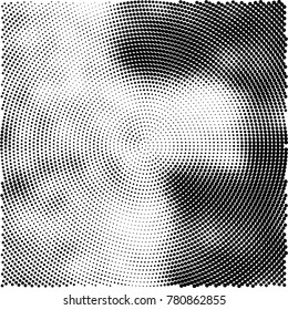 Halftone abstract background. Radial grunge pattern with spots of ink. Monochrome vector texture for print on business cards, labels, posters, stickers