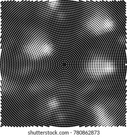 Halftone abstract background. Radial grunge pattern with spots of ink. Monochrome vector texture for print on business cards, labels, posters, stickers