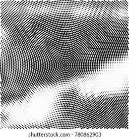 Halftone abstract background. Radial grunge pattern with spots of ink. Monochrome vector texture for print on business cards, labels, posters, stickers