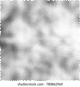 Halftone abstract background. Radial grunge pattern with spots of ink. Monochrome vector texture for print on business cards, labels, posters, stickers