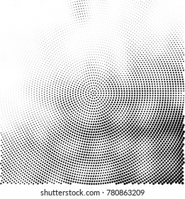 Halftone abstract background. Radial grunge pattern with spots of ink. Monochrome vector texture for print on business cards, labels, posters, stickers