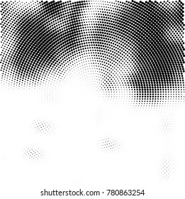 Halftone abstract background. Radial grunge pattern with spots of ink. Monochrome vector texture for print on business cards, labels, posters, stickers