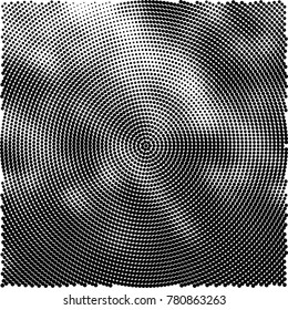 Halftone abstract background. Radial grunge pattern with spots of ink. Monochrome vector texture for print on business cards, labels, posters, stickers