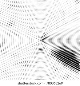 Halftone abstract background. Radial grunge pattern with spots of ink. Monochrome vector texture for print on business cards, labels, posters, stickers
