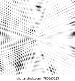 Halftone abstract background. Radial grunge pattern with spots of ink. Monochrome vector texture for print on business cards, labels, posters, stickers
