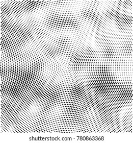Halftone abstract background. Radial grunge pattern with spots of ink. Monochrome vector texture for print on business cards, labels, posters, stickers