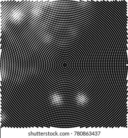 Halftone abstract background. Radial grunge pattern with spots of ink. Monochrome vector texture for print on business cards, labels, posters, stickers