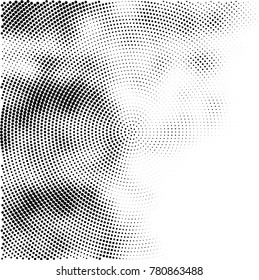 Halftone abstract background. Radial grunge pattern with spots of ink. Monochrome vector texture for print on business cards, labels, posters, stickers