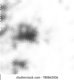 Halftone abstract background. Radial grunge pattern with spots of ink. Monochrome vector texture for print on business cards, labels, posters, stickers