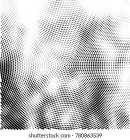 Halftone abstract background. Radial grunge pattern with spots of ink. Monochrome vector texture for print on business cards, labels, posters, stickers
