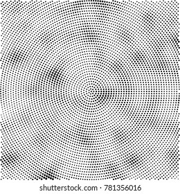 Halftone abstract background. Radial grunge pattern with spots of ink. Monochrome vector texture for print on business cards, labels, posters, stickers