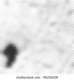 Halftone abstract background. Radial grunge pattern with spots of ink. Monochrome vector texture for print on business cards, labels, posters, stickers