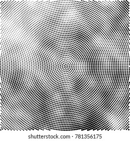 Halftone abstract background. Radial grunge pattern with spots of ink. Monochrome vector texture for print on business cards, labels, posters, stickers