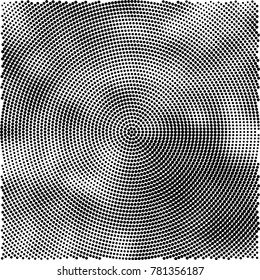 Halftone abstract background. Radial grunge pattern with spots of ink. Monochrome vector texture for print on business cards, labels, posters, stickers
