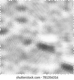 Halftone abstract background. Radial grunge pattern with spots of ink. Monochrome vector texture for print on business cards, labels, posters, stickers