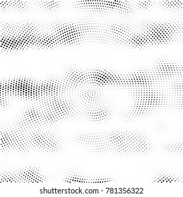 Halftone abstract background. Radial grunge pattern with spots of ink. Monochrome vector texture for print on business cards, labels, posters, stickers