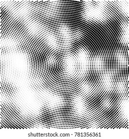 Halftone abstract background. Radial grunge pattern with spots of ink. Monochrome vector texture for print on business cards, labels, posters, stickers
