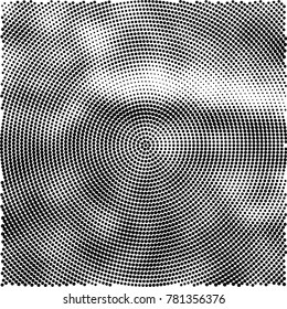 Halftone abstract background. Radial grunge pattern with spots of ink. Monochrome vector texture for print on business cards, labels, posters, stickers