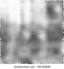 Halftone abstract background. Radial grunge pattern with spots of ink. Monochrome vector texture for print on business cards, labels, posters, stickers