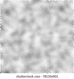 Halftone abstract background. Radial grunge pattern with spots of ink. Monochrome vector texture for print on business cards, labels, posters, stickers