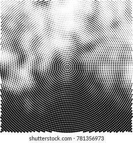 Halftone abstract background. Radial grunge pattern with spots of ink. Monochrome vector texture for print on business cards, labels, posters, stickers
