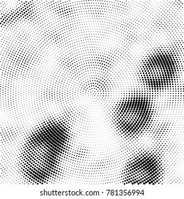 Halftone abstract background. Radial grunge pattern with spots of ink. Monochrome vector texture for print on business cards, labels, posters, stickers