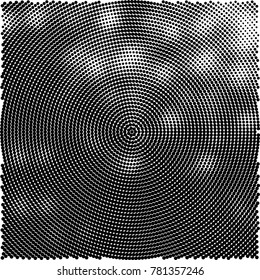 Halftone abstract background. Radial grunge pattern with spots of ink. Monochrome vector texture for print on business cards, labels, posters, stickers