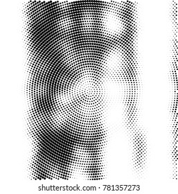 Halftone abstract background. Radial grunge pattern with spots of ink. Monochrome vector texture for print on business cards, labels, posters, stickers