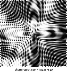 Halftone abstract background. Radial grunge pattern with spots of ink. Monochrome vector texture for print on business cards, labels, posters, stickers
