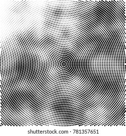 Halftone abstract background. Radial grunge pattern with spots of ink. Monochrome vector texture for print on business cards, labels, posters, stickers