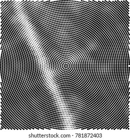 Halftone abstract background. Radial grunge pattern with spots of ink. Monochrome vector texture for print on business cards, labels, posters, stickers