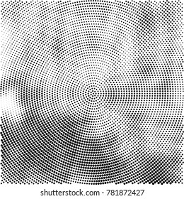 Halftone abstract background. Radial grunge pattern with spots of ink. Monochrome vector texture for print on business cards, labels, posters, stickers