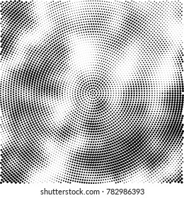 Halftone abstract background. Radial grunge pattern with spots of ink. Monochrome vector texture for print on business cards, labels, posters, stickers