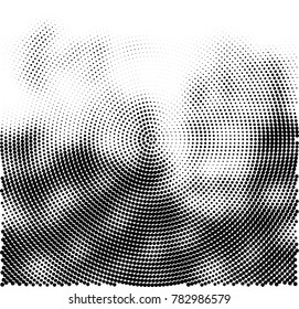 Halftone abstract background. Radial grunge pattern with spots of ink. Monochrome vector texture for print on business cards, labels, posters, stickers